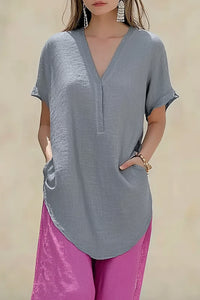 Casual Vacation Top Linen Y-neck Grey Side Pocket Top