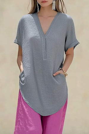 Casual Vacation Top Linen Y-neck Grey Side Pocket Top