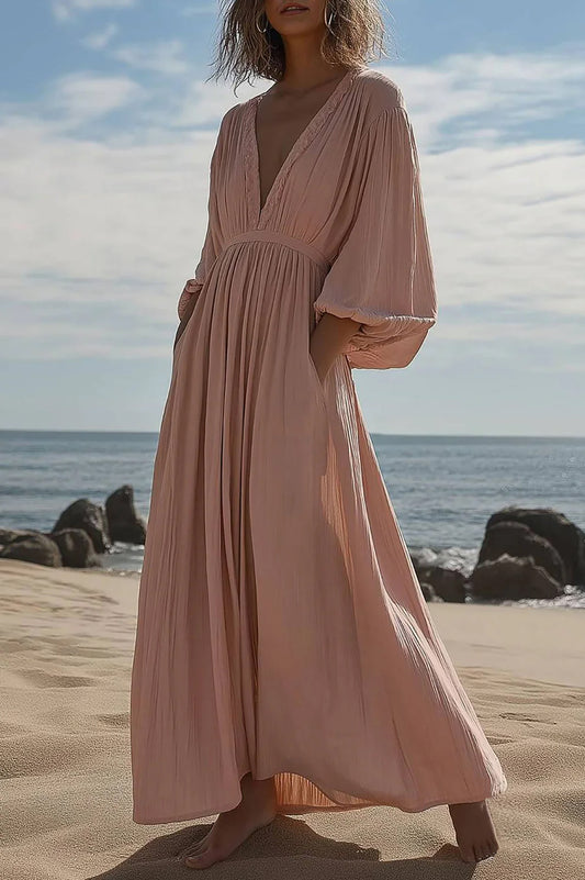 Beach Vacation Casual Dress Puff Sleeve Deep V Pocket Maxi Dress