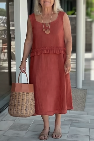 Vacation Casual Loose Dress Linen Brown Ruffle Sleeveless U-Neck Midi Dress