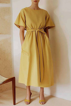 Vacation Casual Dress Yellow Linen Loose with Pockets Midi Dress