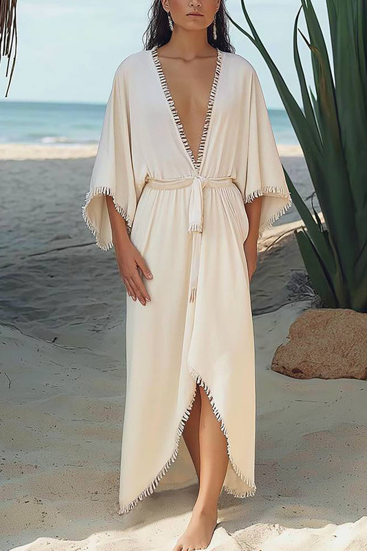 Bohemian Vacation Dress Deep V Tassel Loose Midi Dress