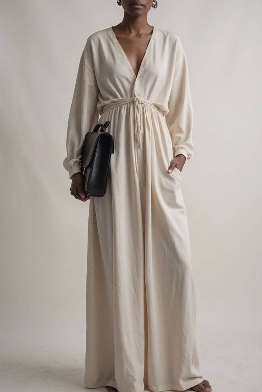 Beach Vacation Linen Dress Long Sleeve Pocket Deep V Maxi Dress