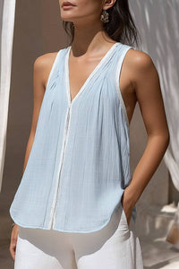 Casual Vacation Tops Sleeveless Linen Light Blue V-neck Top