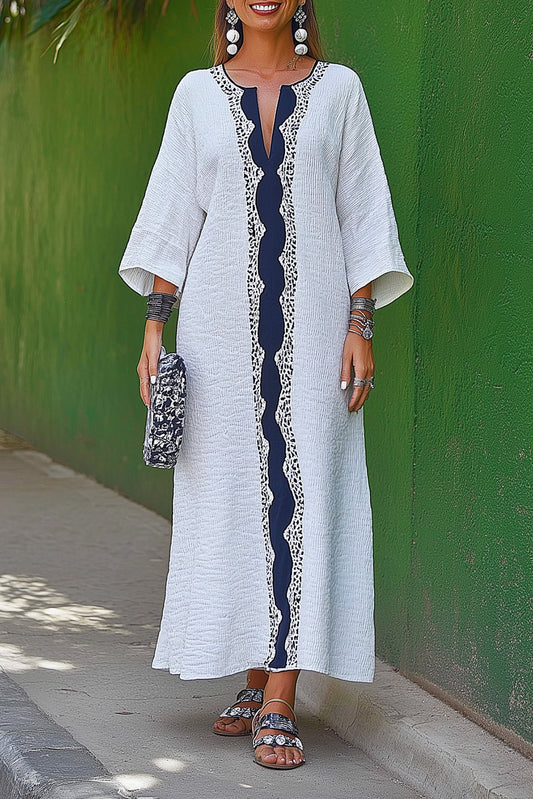 Casual Daily Linen Dress V-Neck Ethnic Blue Woven Strap Maxi Dress