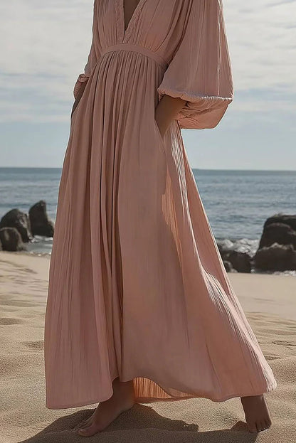 Beach Vacation Casual Dress Puff Sleeve Deep V Pocket Maxi Dress