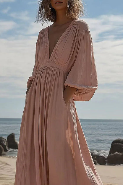 Beach Vacation Casual Dress Puff Sleeve Deep V Pocket Maxi Dress