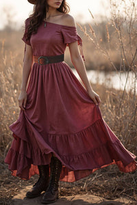 Vintage Bohemian Dress Wide Neck Belt Ruffled Maxi Dress