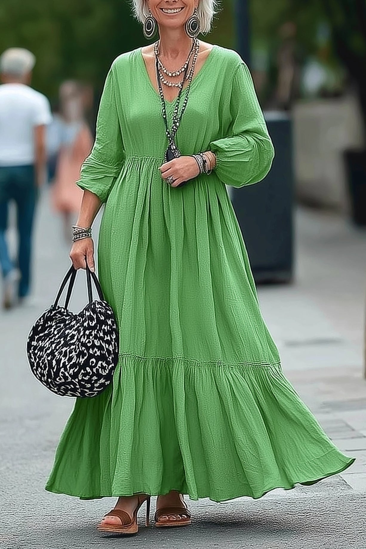 Vacation Casual Loose Dress Green V-Neck Long Sleeve Maxi Dress