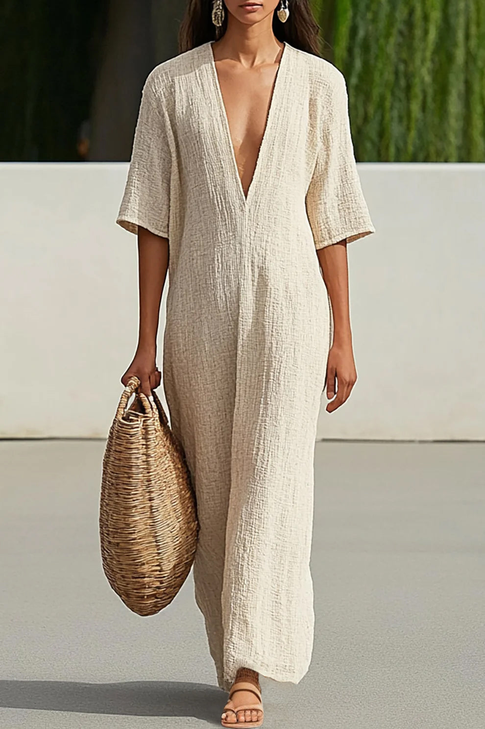 Simple Casual Linen Dress Deep V Loose Beige Solid Maxi Dress