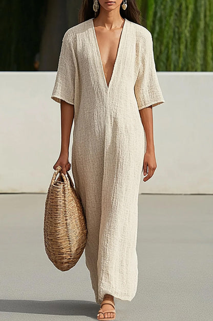 Simple Casual Linen Dress Deep V Loose Beige Solid Maxi Dress