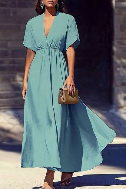 Beach Vacation Dress Linen Deep V Elastic Waist Loose Maxi Dress