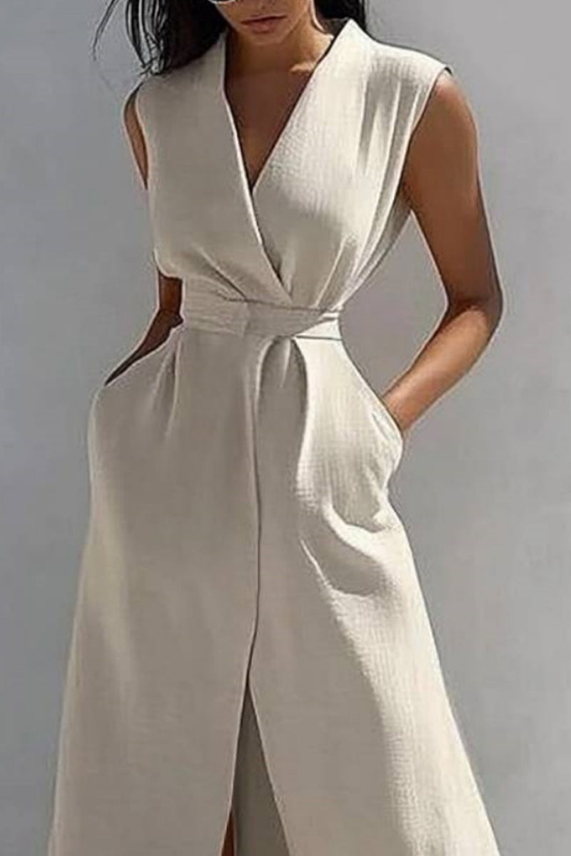 Vacation Casual Loose Dress Khaki V Neck Sleeveless Maxi Dress