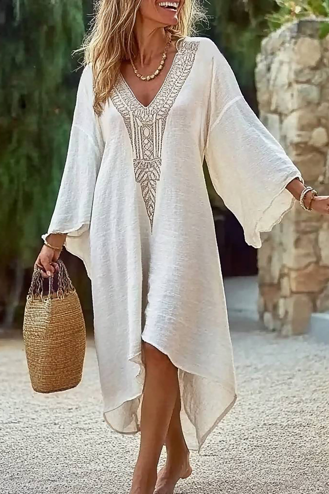 Bohemian Vacation Dress Deep V Loose Linen Maxi Dress