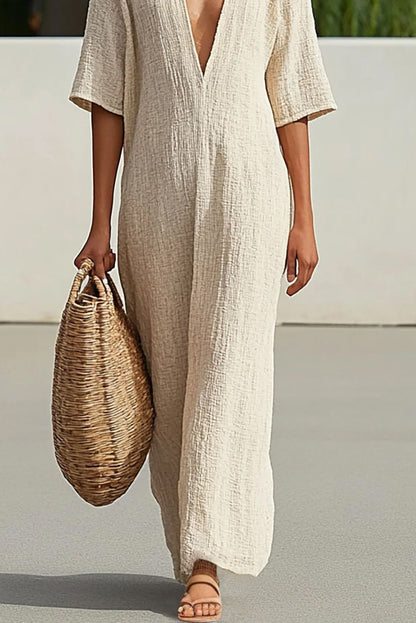 Simple Casual Linen Dress Deep V Loose Beige Solid Maxi Dress