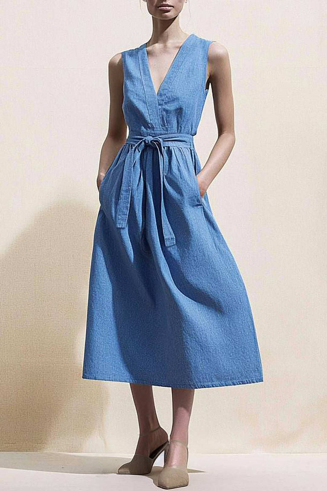 Casual Daily Denim Dress Crossed Neck Sleeveless Pocketed Midi Dress