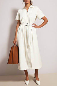 Casual Daily Linen Dress Off-White Tie Collar Midi Dress