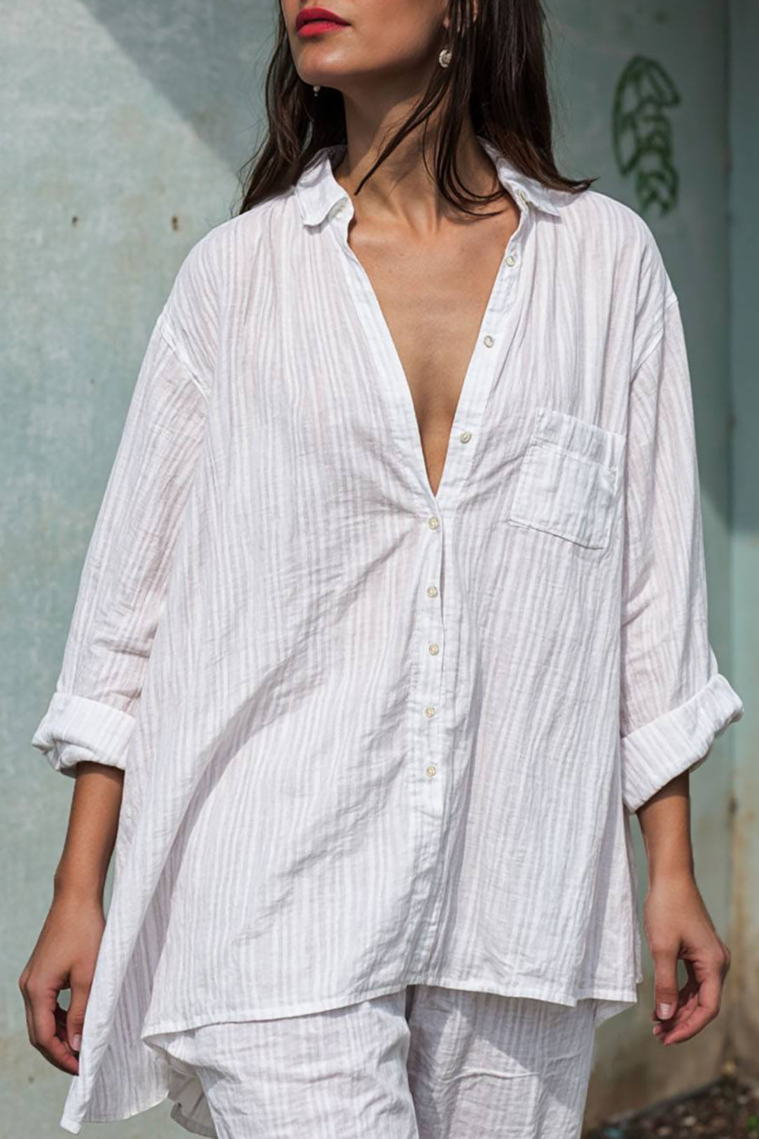 Casual Vacation Linen Shirt Front Short Back Long Striped Breathable Deep V Top