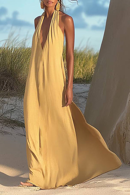 Bohemian Linen Dress Halter Deep V Loose Maxi Dress