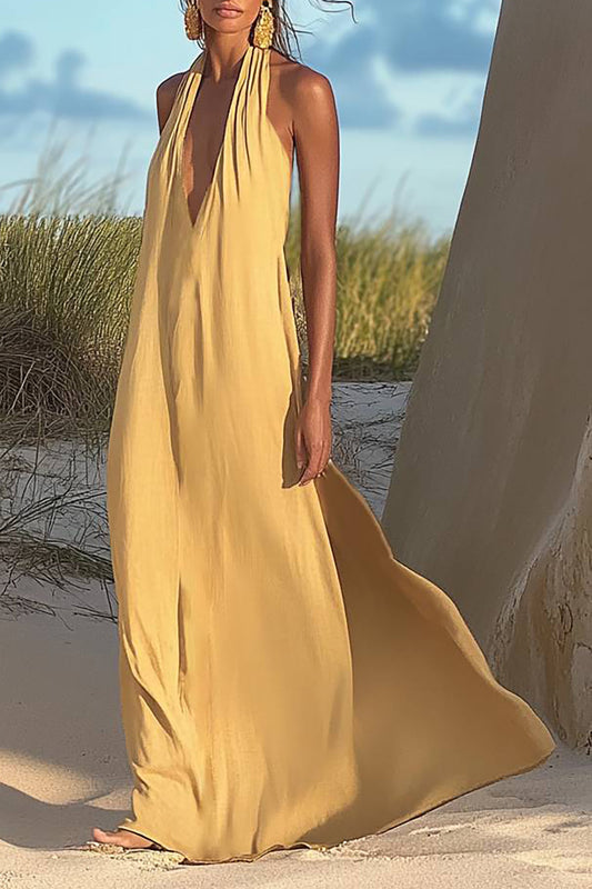 Bohemian Linen Dress Halter Deep V Loose Maxi Dress