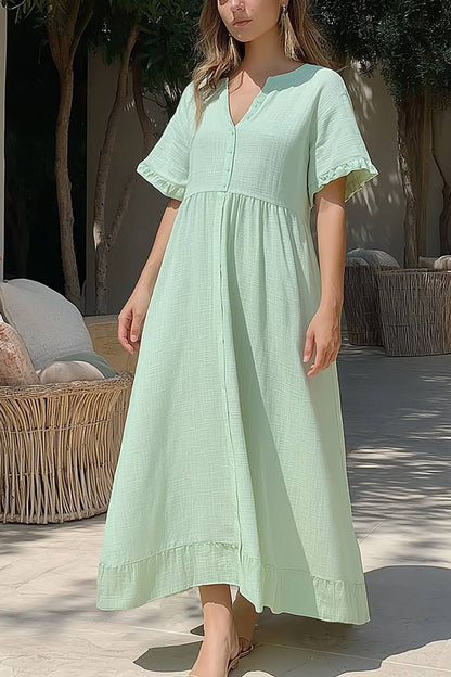 Vacation Casual Dress Light Green Buttoned Round Neck Maxi Dress