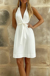 Casual Vacation Dress Linen Deep V Lace-up Simple Short Dress