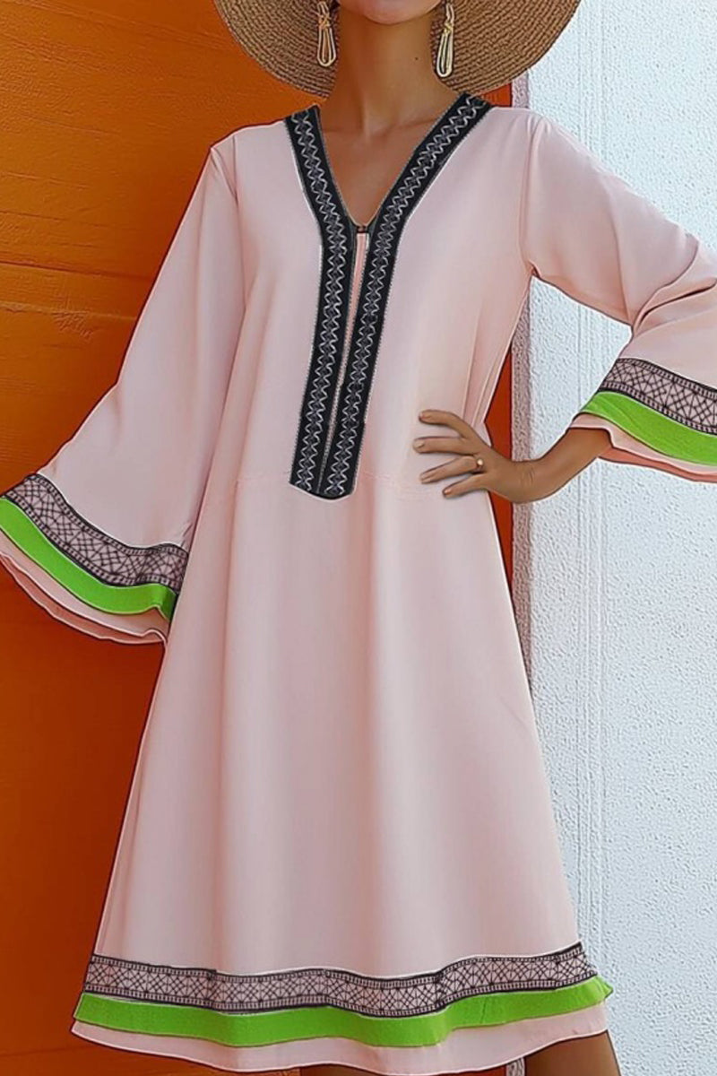 Vacation Casual Loose Dress Pink V Neck Graphic Long Sleeve Midi Dress