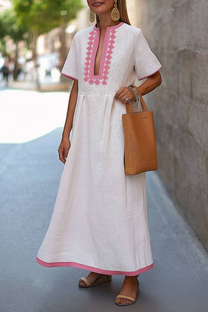 Vacation Casual Linen Dress Deep V-Neck Pink Woven Strap Maxi Dress