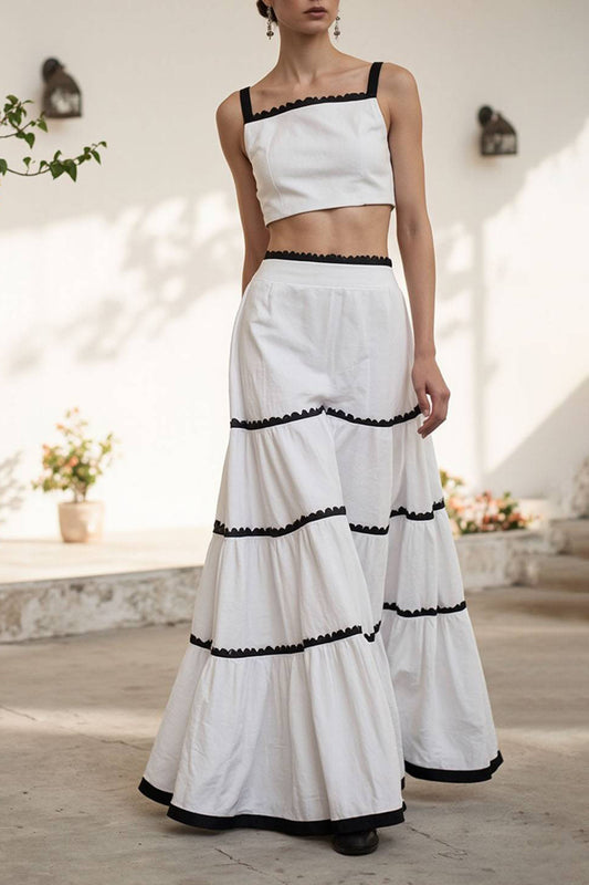 Casual Vacation Skirt A-Line Black Stripe Elastic Waist Maxi Skirt