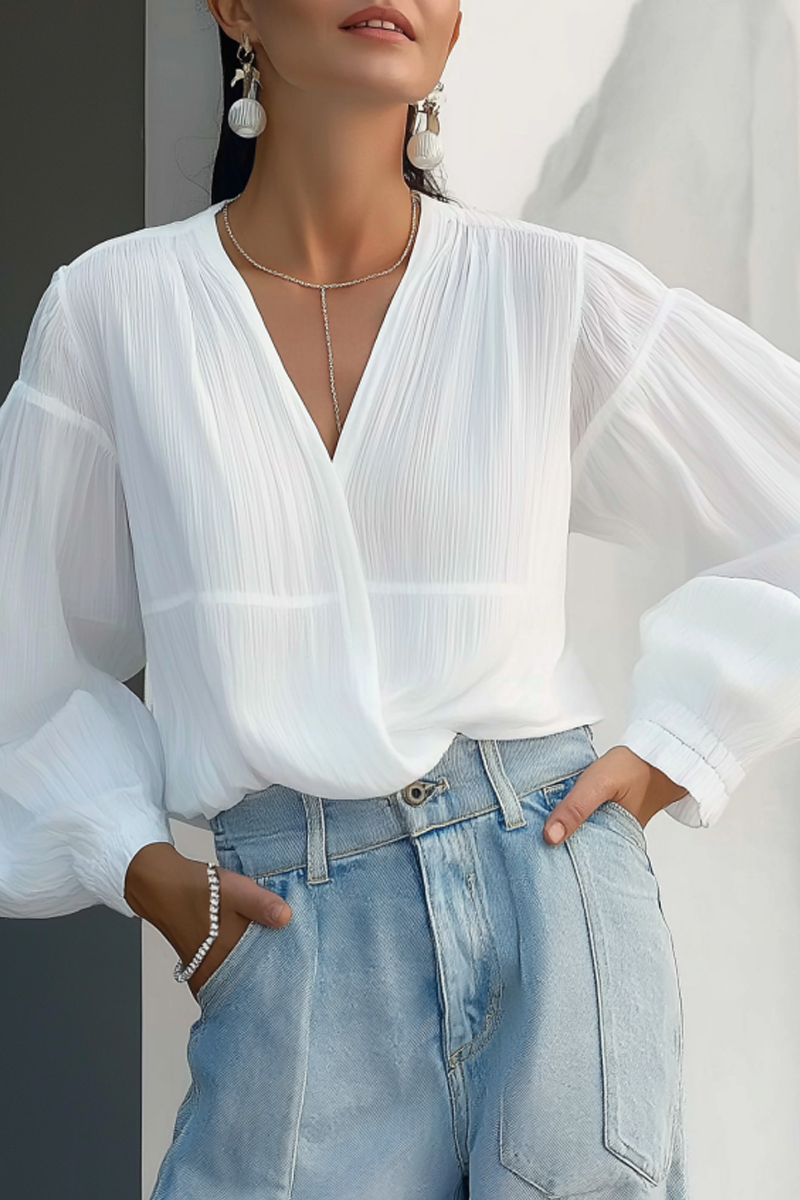 Basic Casual Top V Neck White Long Sleeve Top