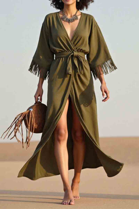 Vacation Casual Loose Dress Green V Neck Tassel 3/4 Length Sleeve Maxi Dress