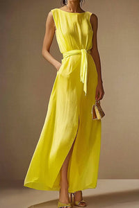 Daily Vacation Dress Sleeveless Round Neck Pocket Side Split Maxi Dress