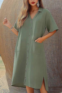 Daily Casual Shirt Dress Green Collared Pocket Side Slit Midi Dress