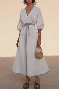 Casual Holiday Dress V-Neck Puff Sleeves Tie-Up Loose Cotton and Linen Dress