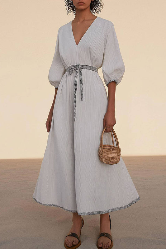 Casual Holiday Dress V-Neck Puff Sleeves Tie-Up Loose Cotton and Linen Dress