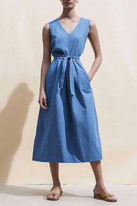 Casual Daily Denim Dress V-Neck Belted with Pocketed Midi Dress