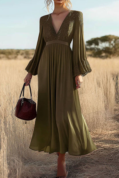 Bohemian Casual Dress Green Lace Deep V Chiffon Maxi Dress