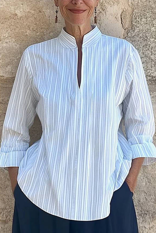 Daily Casual Top Stand Collar Striped Long Sleeve Shirt