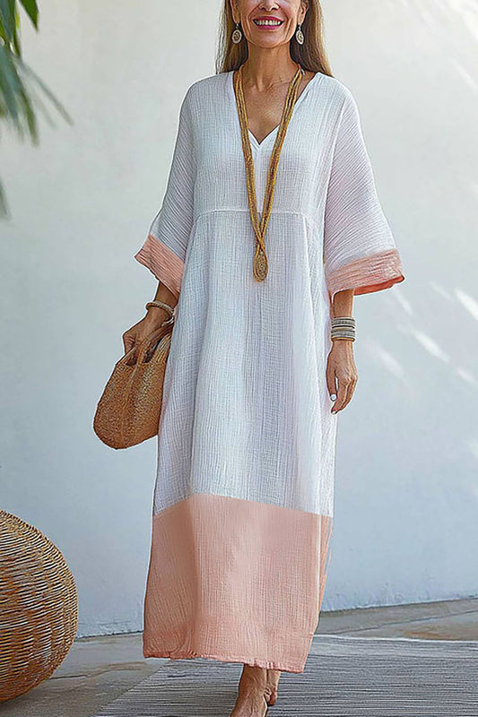 Casual Daily Loose Dress White-Orange Colorblock V-Neck Maxi Dress