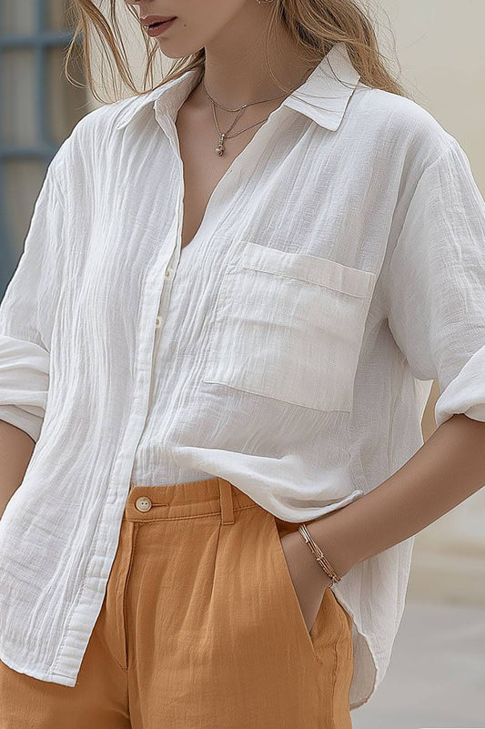 Zen Daily Linen Shirt Hidden Button Long Sleeve Basic Top