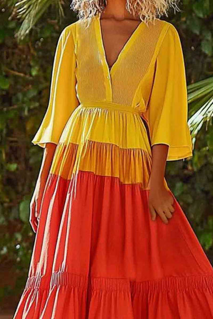 Vacation Casual Loose Dress Yellow V Neck Ruffle 3/4 Length Sleeve Maxi Dress