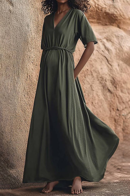 Bohemian Vintage V-neck Pocket Linen Flowing Maxi Dress