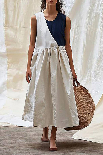 Daily Casual Bohemian Dress Black-White Color Block Sleeveless Midi Dress