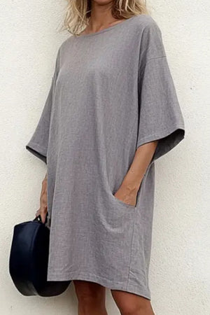 Vacation Casual Loose T Shirt Dress Grey Crew Neck 3/4 Length Sleeve Mini Dress