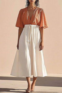 Casual Daily Dress V-Neck Orange and White Color Block Midi Dress