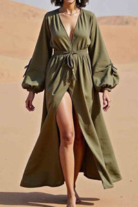 Vacation Casual Loose Dress Green V Neck Split Long Sleeve Maxi Dress