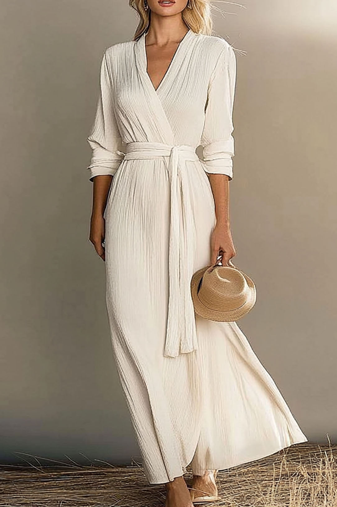 Vacation Casual Linen Dress Cross Neck Long Sleeve Lace-up Maxi Dress