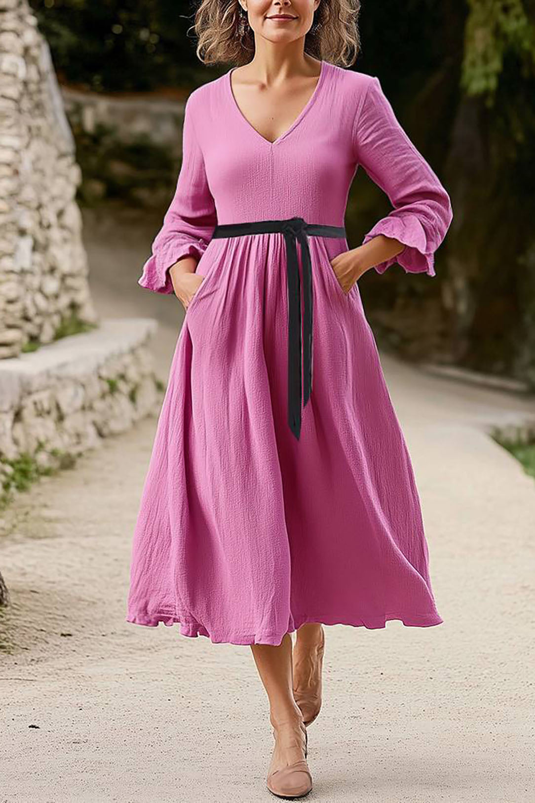 Vintage Casual Dress V-Neck Long Sleeve Rose Belted Midi Dress