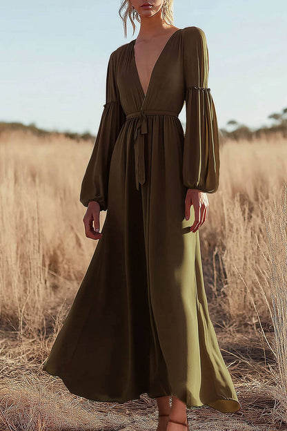 Bohemian Casual Dress Green Long Sleeve Deep V Chiffon Maxi Dress