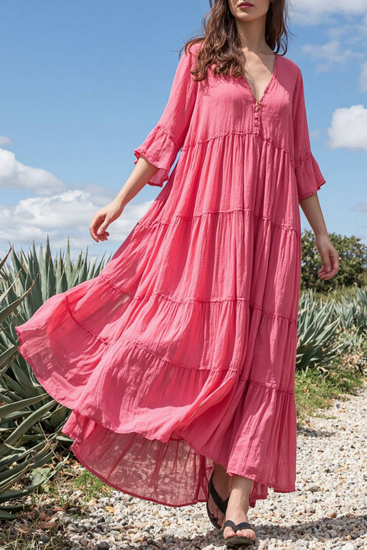 Bohemian Beachy Dress Deep-V Ruffle Sleeves Maxi Dress